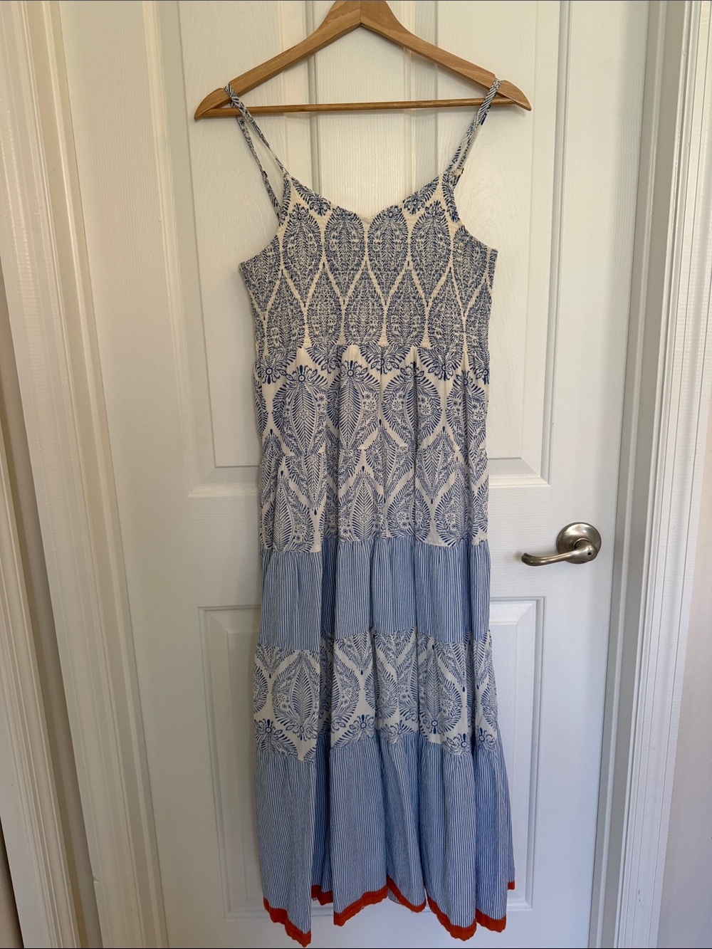 Blue and White Printed Maxi Sundress with Burnt Orange Trim